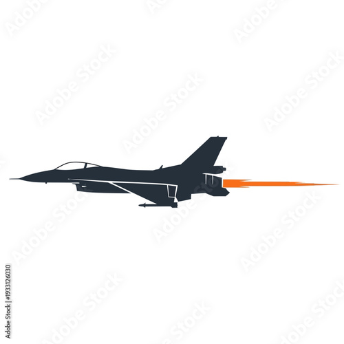 Silhouette of a fighter jet in flight with a fiery exhaust trail, dynamic motion