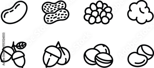 Beans, nuts and seeds line icon collection with peanut shells, acorns, almonds and cotton flower outline vector set
