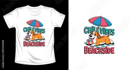 Cute cartoon beagle dog relaxing under umbrella with cocktail on beach summer tshirt design