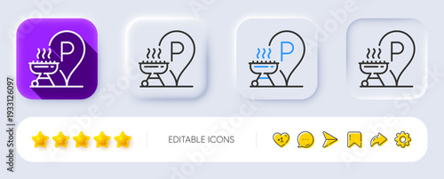 Grill place line icon. Neumorphic, Flat shadow, 3d buttons. Barbecue cooker for cooking food sign. Hot meat brazier symbol. Line grill place icon. Social media icons. Vector
