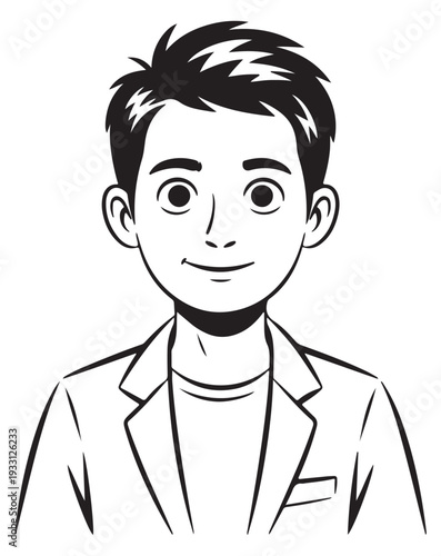 Smiling young man portrait in anime manga style vector line art illustration