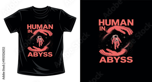 Human in abyss space explorer astronaut surrounded by celestial protective hands