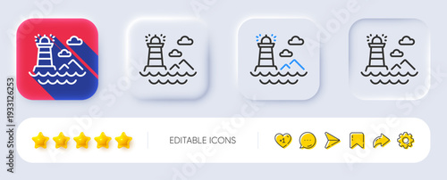 Lighthouse line icon. Neumorphic, Flat shadow, 3d buttons. Beacon tower sign. Searchlight building symbol. Line lighthouse icon. Social media icons. Vector