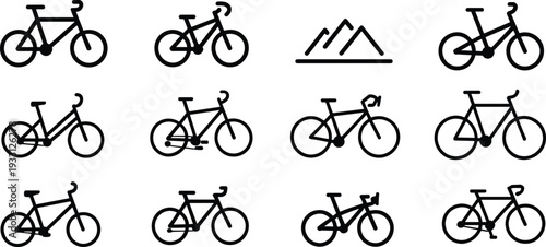 Bicycle and mountain line icon set, cycling transport outline vector illustration collection for outdoor adventure sport branding design