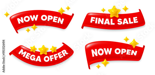Now open flag ribbon. Mega discount, Final sale, Now open. Now open. Promotion new business sign. Welcome advertising symbol. Red flag ribbon banners. Promo offer tags. Vector