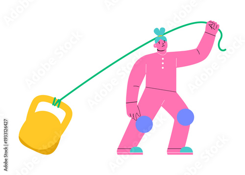 Woman pulling a heavy weight. Concept of a heavy social load. Colorful vector illustration