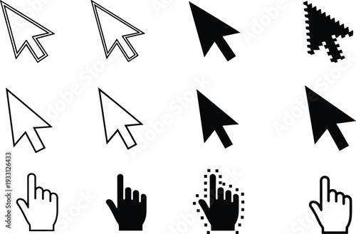 Black and white computer cursor icons set featuring arrow styles, pixelated pointers, hand cursors, selection graphics, and interactive design elements