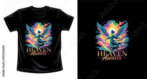 Heaven awaits t-shirt design, vibrant angel illustration, colorful golden light, inspiring graphic tee