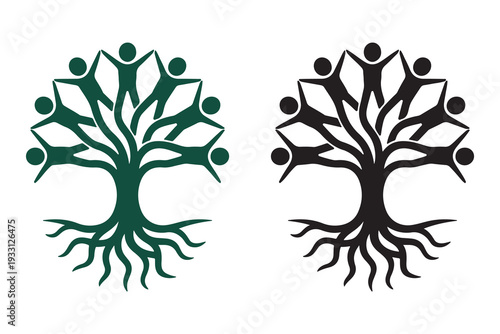 Family tree logo with people silhouettes as branches for community unity