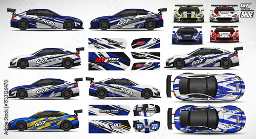 Multiple views of a blue and white racing car with detailed graphics.