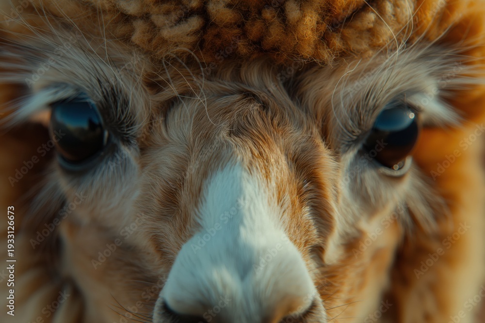 Obraz premium Majestic close-up of a fluffy alpaca with captivating eyes marvels at the early morning sun in a serene pasture