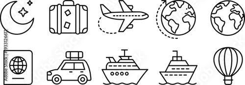 Black and white travel and transportation line icons set featuring airplane, suitcase, passport, car with luggage, cruise ships, hot air balloon, and globe illustrations