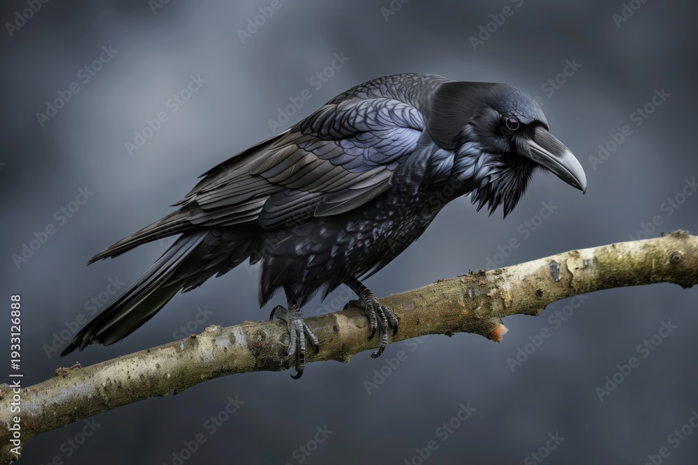 Naklejka premium Majestic raven perches on a sturdy branch against a mystical gray backdrop at twilight