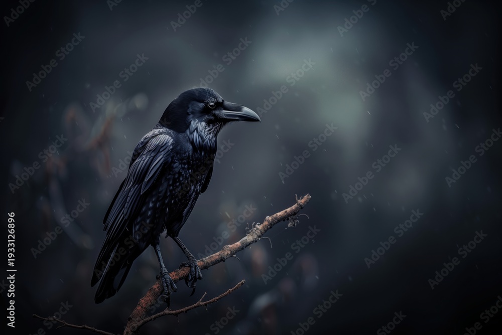 Naklejka premium Majestic raven perched on a gnarled branch in a misty forest at dusk, embodying the essence of mystery and nature's beauty