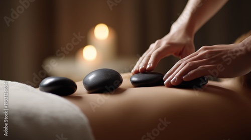 Warm Stone Therapy: A serene close-up captures hands gently placing warm, smooth stones on a person's back. The warm glow of candles softly illuminates the spa setting.