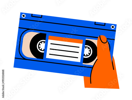 Human hand holding video cassette illustration. Flat vector old vhs record in arm sticker doodle. Hand drawn analog media archive. Vintage technology icon. Isolated.