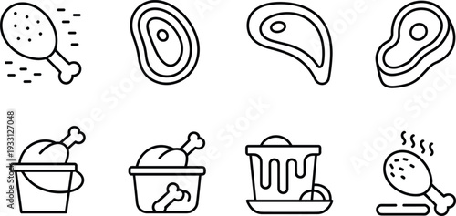 Chicken meat and drumstick line icon set, raw steak and roasted poultry bucket vector outline illustration collection