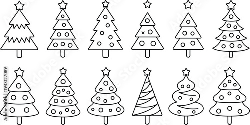 Christmas tree line icon set, decorated festive pine outline vector illustration collection for winter holiday design