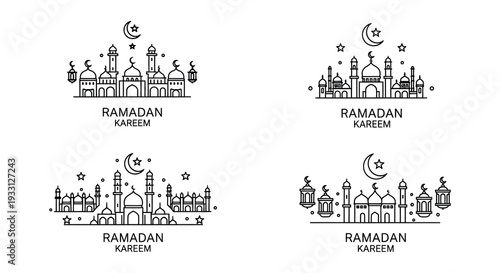 Ramadan kareem illustrations with crescent moons stars and mosque outlines