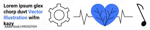 Gear, heartbeat line, blue heart with branches, and musical note symbolize innovation, nature, and creativity. Ideal for health, technology, music environment science connection simple landing