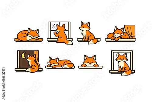 Adorable cartoon foxes in various window scenes