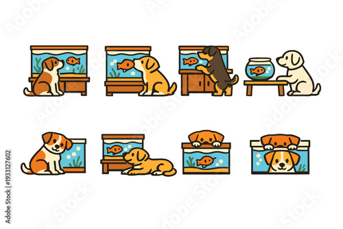 Playful cartoon puppies watching goldfish in aquariums