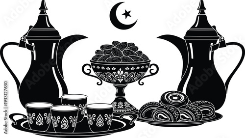 Arabic coffee set silhouette, traditional dallah pot, dates, cups, Islamic Ramadan hospitality, Middle Eastern culture, Eid celebration illustration