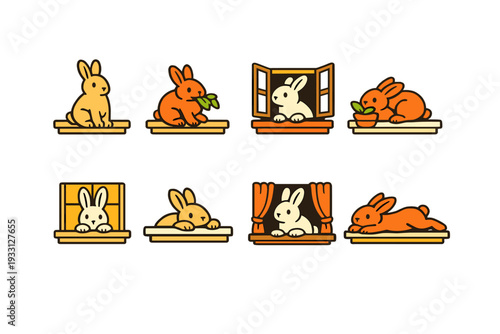 Colorful cartoon rabbits in windows eating and relaxing