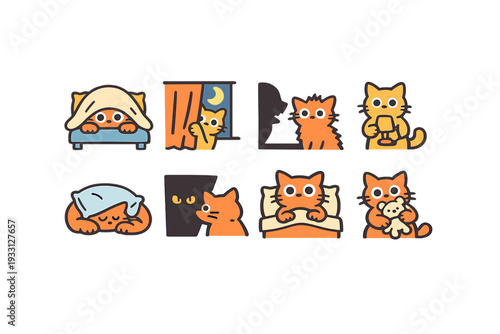 Adorable orange cats in cozy bedtime scenes with teddy bears and cute expressions