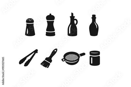 Kitchen utensils icons: salt shaker, pepper mill, oil bottle, tongs, strainer, brush