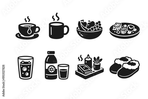 Cozy breakfast icons: coffee, tea, fruit, pastries, juice, candles, slippers
