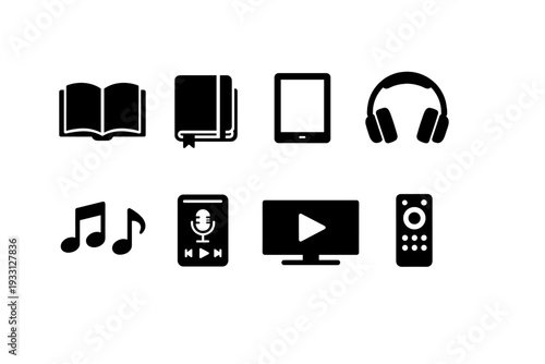 Digital and physical media icons: books, tablet, headphones, music, podcast, video, remote