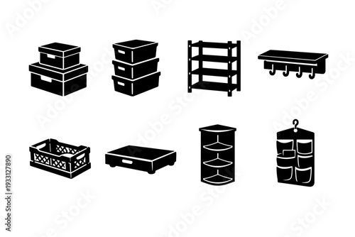 Black silhouette icons of storage solutions: boxes, shelves, hooks, and more