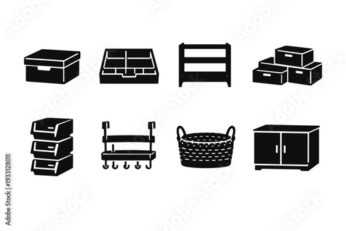 Collection of black storage icons: boxes, shelves, baskets, cabinets