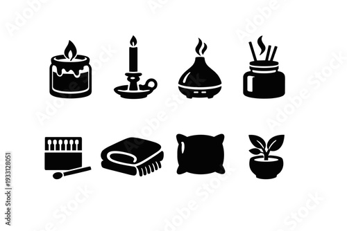 Black and white icons of home comfort: candles, diffuser, matches, blanket, pillow, plant