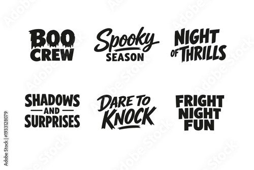 Halloween-themed typography designs with spooky phrases in bold black text