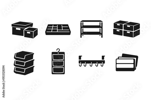 Set of black storage icons including bins, shelves, and organizers