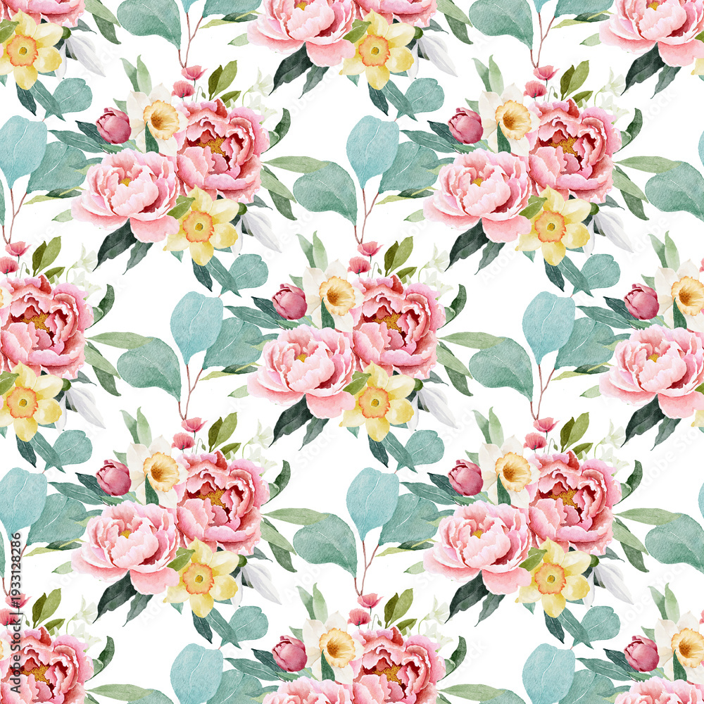Obraz premium Watercolor floral seamless pattern with summer flowers