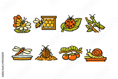 Colorful insect icons set: butterfly, bee, ladybug, praying mantis, dragonfly, beetle, caterpillar, snail
