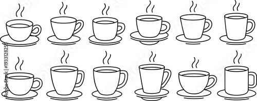 Coffee cup line icon set, hot drink mug outline vector illustration collection for cafe and beverage design