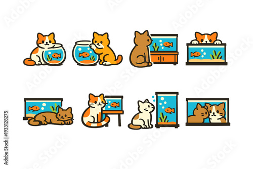 Playful cats interacting with fish tanks: cute illustrations of feline curiosity