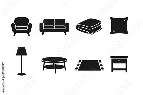 Collection of black silhouette living room furniture and accessories