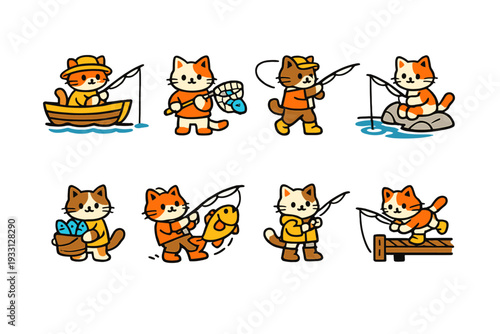 Cartoon cats fishing adventure with rods, nets, and catches