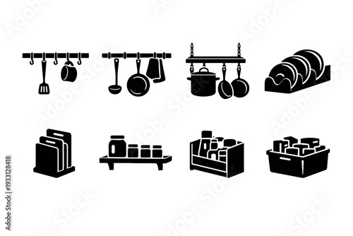 Kitchen utensil silhouettes: hanging pots, pans, cutlery, and storage solutions