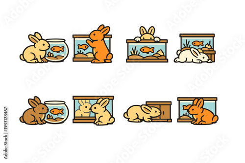 Colorful cartoon bunnies engaging with fish tanks