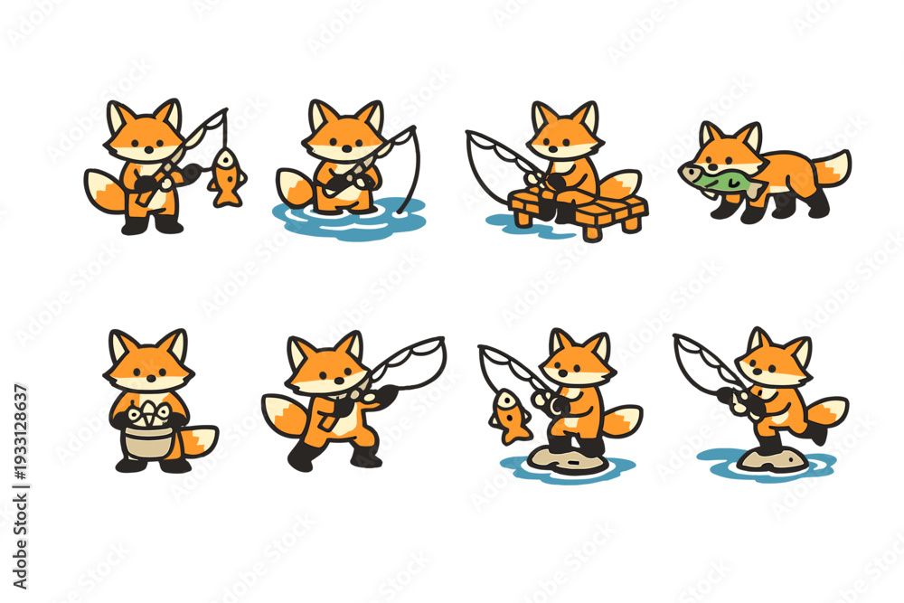 Fototapeta premium Cartoon fox characters fishing and cooking fish