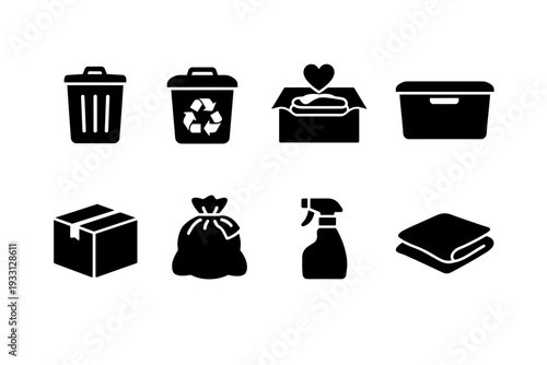 Icons of recycling, donation, and cleaning items in black and white