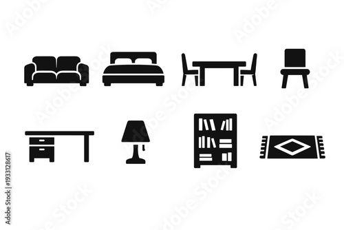 Furniture icons: couch, bed, dining set, chair, desk, lamp, bookshelf, rug silhouettes