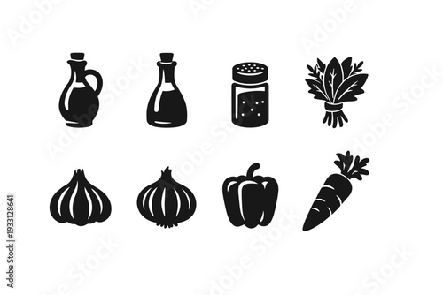 Set of black vegetable and cooking icons: oil, herbs, garlic, onion, pepper, carrot