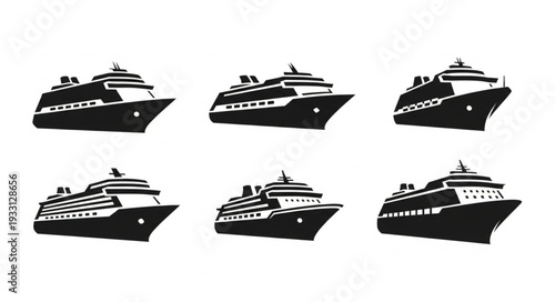 Collection of six cruise ship silhouettes, perfect for travel and transportation themes, black and white.